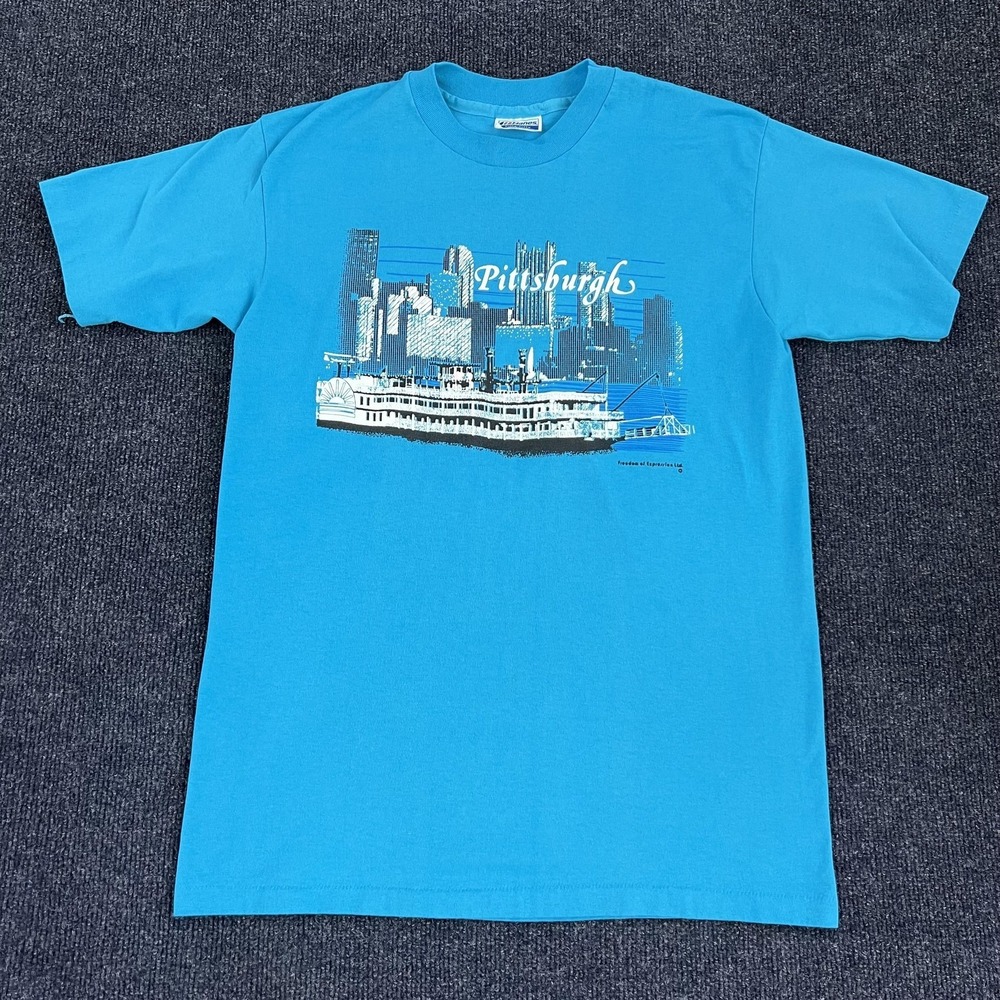 Vintage Hanes Pittsburgh Shirt Mens Medium Blue Riverboat Skyline Tee T-Shirt